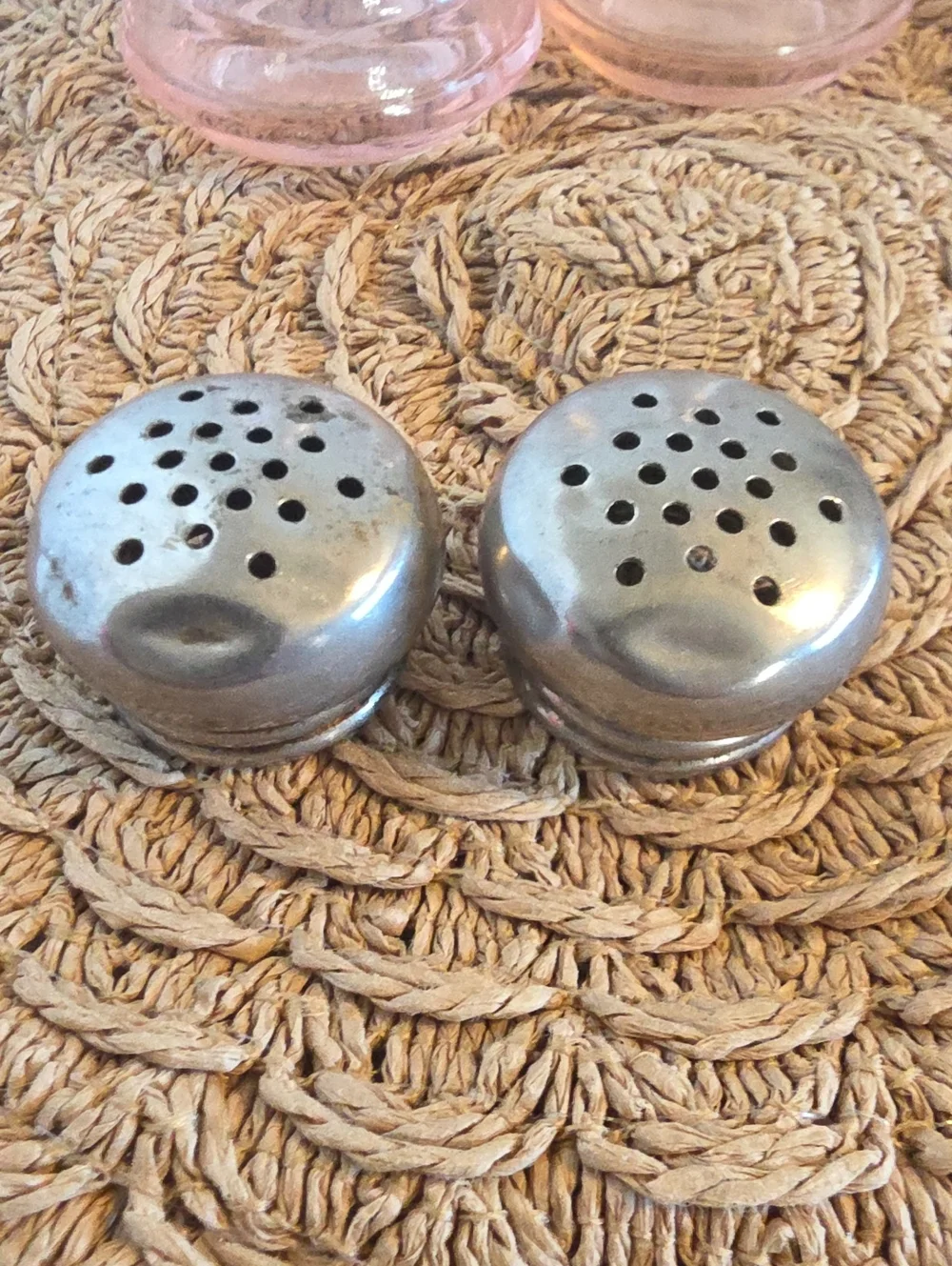 Vintage 1930 Pink Depression Glass Ribbed Salt & Pepper Shakers With Metal Lids